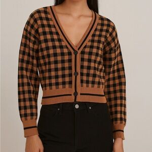 NWT Marled Tan Caramel Golden Brown Black Check Knit V Neck Button Cardigan XL